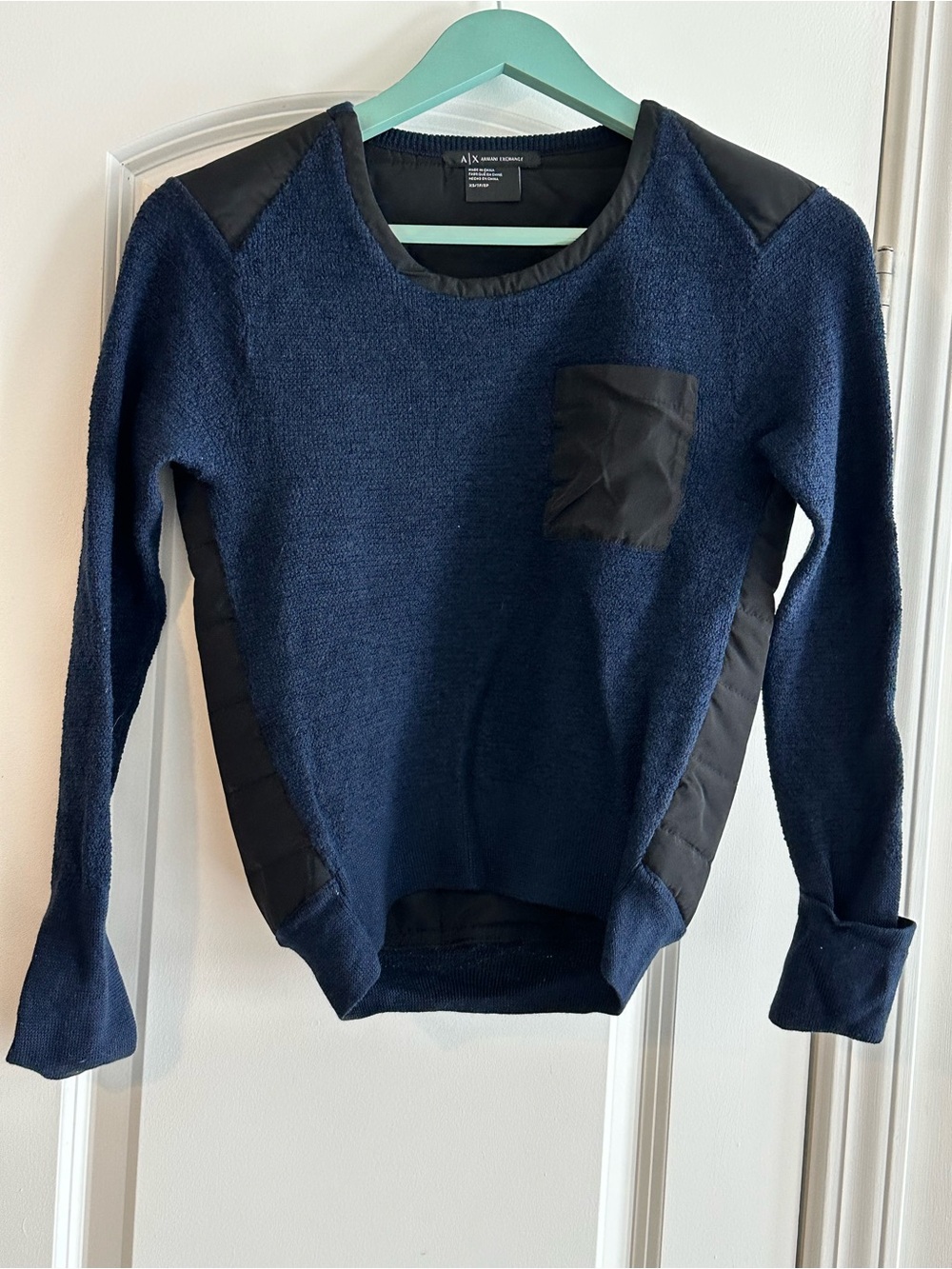 Armani Exchange Navy Sweater with Black Quilted Trim